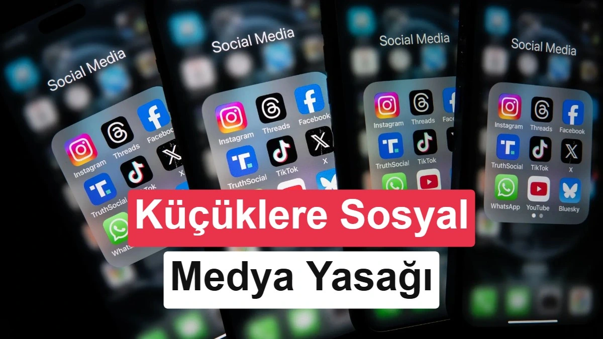 Sosyal medya uygulamaları simgelerinin yer aldığı telefonlar üzerinde küçükler için sosyal medya yasağı başlığı