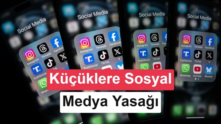 Sosyal medya uygulamaları simgelerinin yer aldığı telefonlar üzerinde küçükler için sosyal medya yasağı başlığı