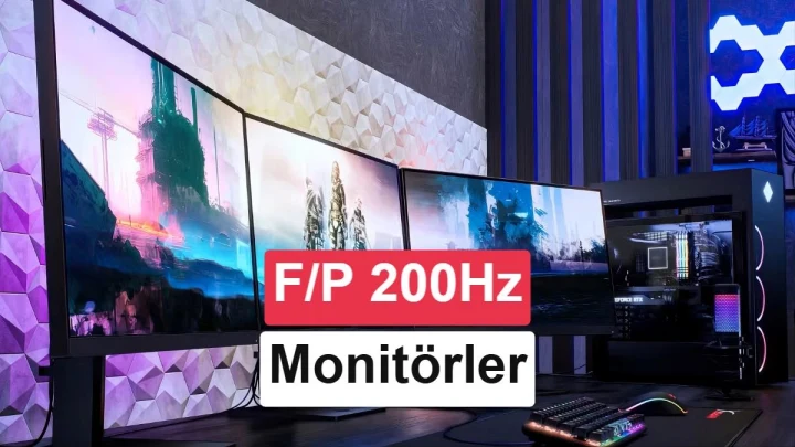 Bir oyun masasında yan yana duran monitörler ve bilgisayar kasası; görselde F/P 200Hz Monitörler yazısı yer alıyor