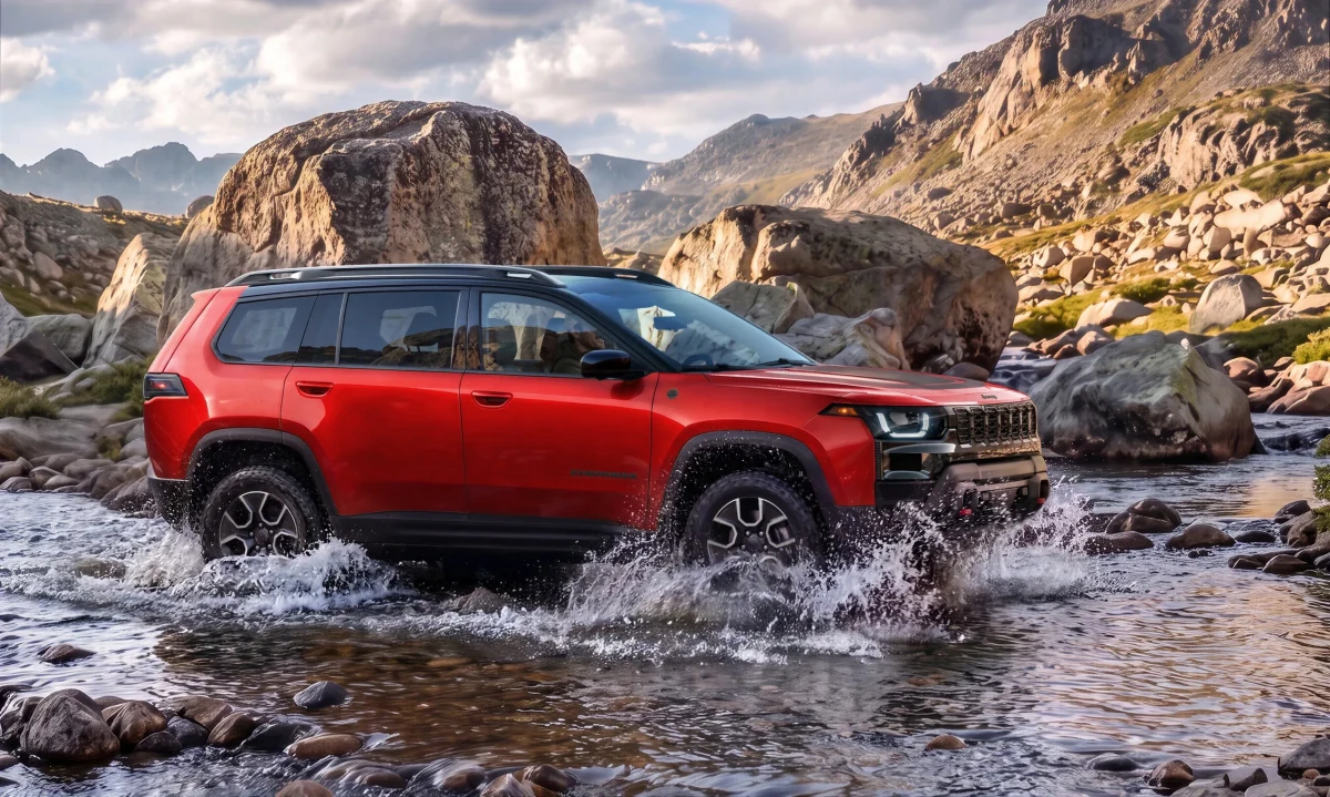 Kırmızı Jeep Cherokee Trailhawk, kayalık bir dağ deresinden geçerken