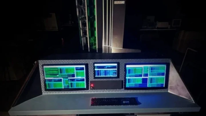 Cray-1’in Mac mini bilgisayarlarla oluşturulan kopyasının ön konsolu ve ekranları