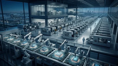Yarı iletken üretim tesisinde çiplerin robotik kollar ve makinelerle işlendiği üretim hattı