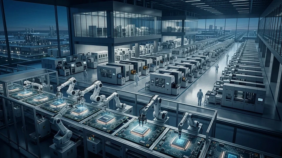 Yarı iletken üretim tesisinde makineler ve robotik kolların yer aldığı üretim hattı