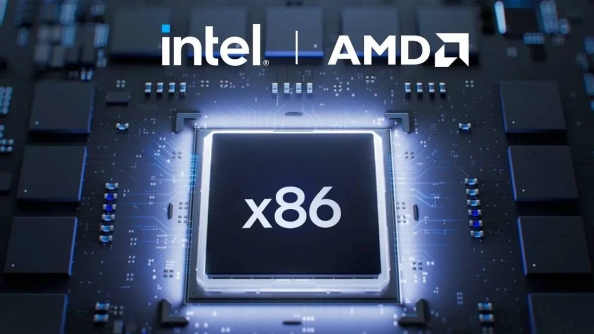 Intel ve AMD logoları, x86 yazılı işlemci görselinin üzerinde yer alıyor