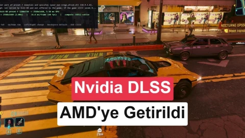 Cyberpunk 2077 görüntüsü üzerinde Nvidia DLSS’in AMD ekran kartlarına getirildiğini belirten başlık