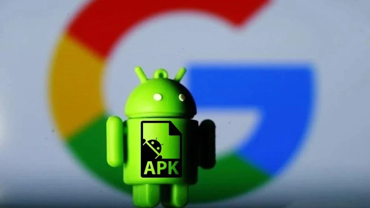 APK simgesi taşıyan Android robotu ve arka planda Google logosu