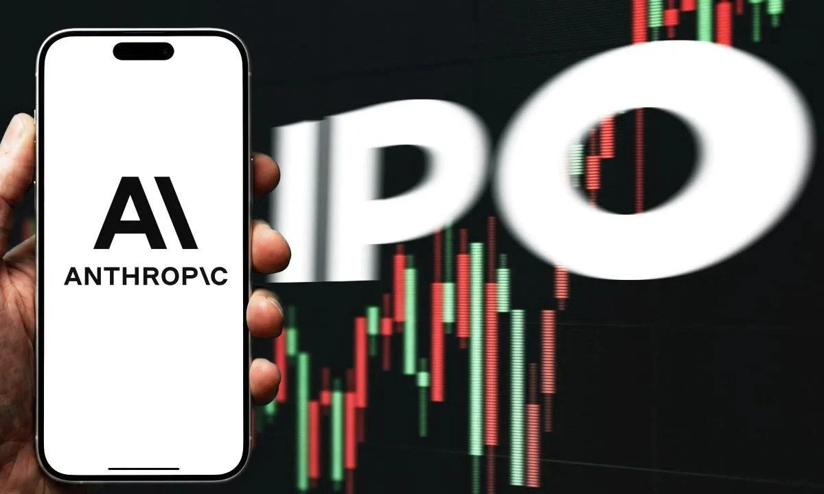 Anthropic logosunun bulunduğu telefon ve arka planda halka arzı simgeleyen IPO yazısı