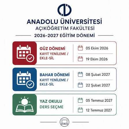 Anadolu Üniversitesi Açıköğretim Fakültesi 2026-2027 güz ve bahar dönemi kayıt yenileme tarihlerini gösteren takvim