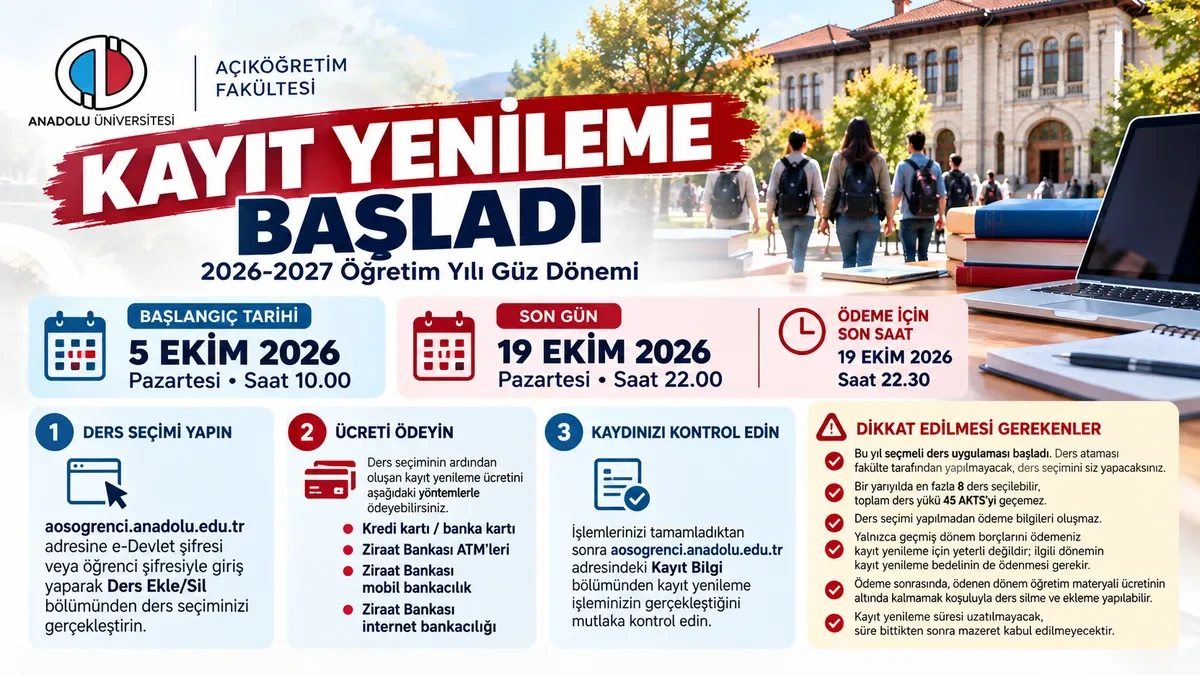 Anadolu Üniversitesi Açıköğretim Fakültesi 2026-2027 güz dönemi kayıt yenileme duyurusu