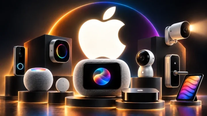 Apple logosu çevresinde akıllı hoparlör, kamera, kapı zili ve tablet gibi akıllı ev ürünleri