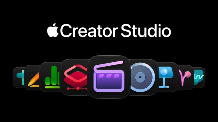 Apple Creator Studio uygulamalarının simgeleri ve logosu siyah arka plan üzerinde