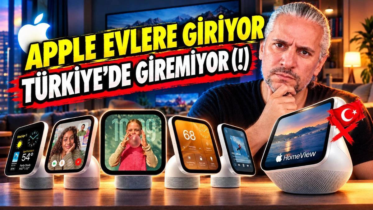 Apple akıllı ev ürünlerini tanıtan video kapağı; HomeView ekranı ve diğer cihazlar görünüyor.