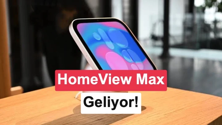 Apple HomeView cihazı, ekranda akıllı ev kontrol arayüzüyle bir masanın üzerinde duruyor