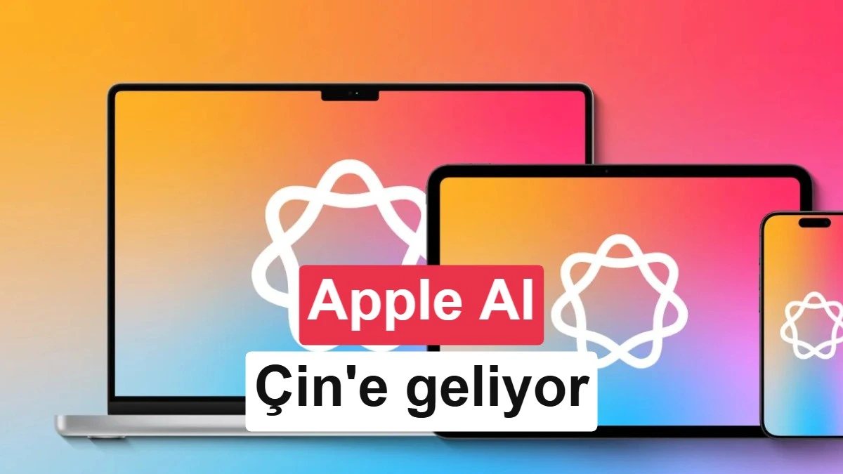 Apple Intelligence simgesi bulunan telefon ekranı, arka planda Apple logosu