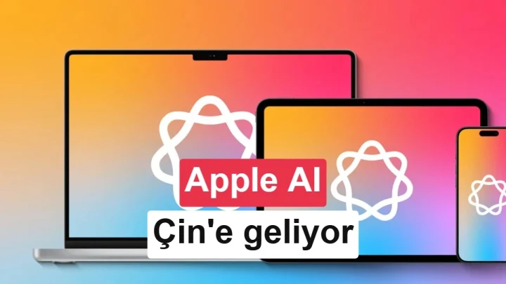 Apple Intelligence simgesi bulunan telefon ekranı, arka planda Apple logosu