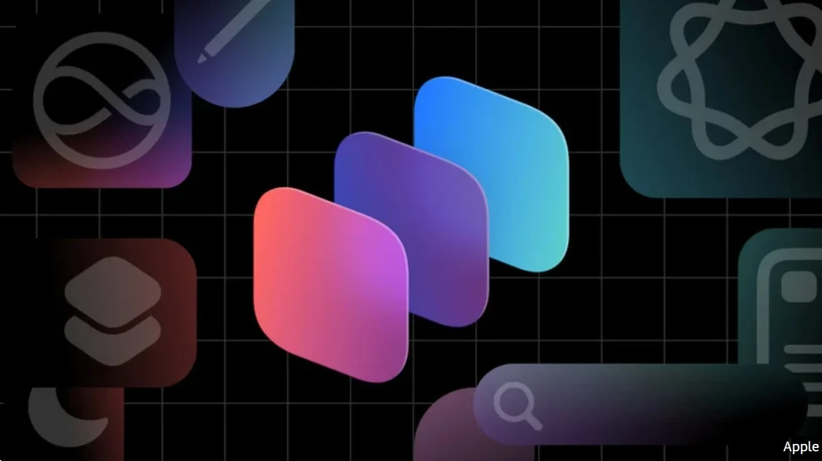 Apple Intelligence simgeleri ve Spotlight arama simgesi koyu arka plan üzerinde