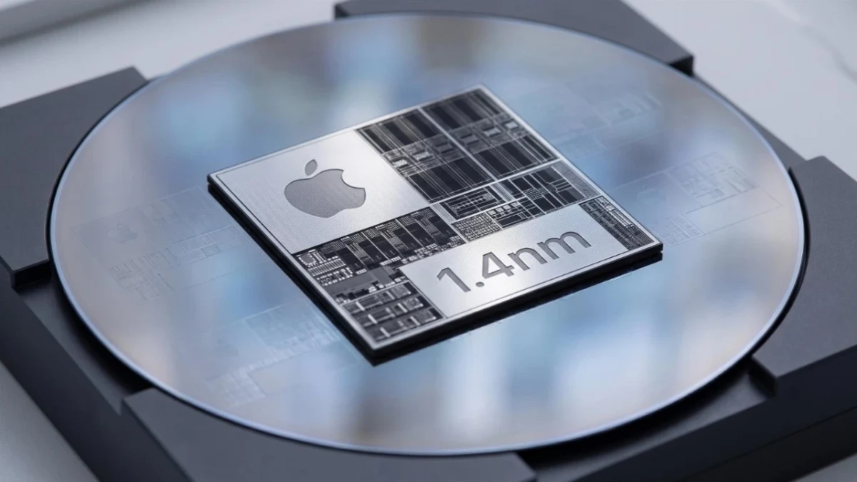 Apple logosu ve 1,4 nm ibaresi bulunan işlemci görseli