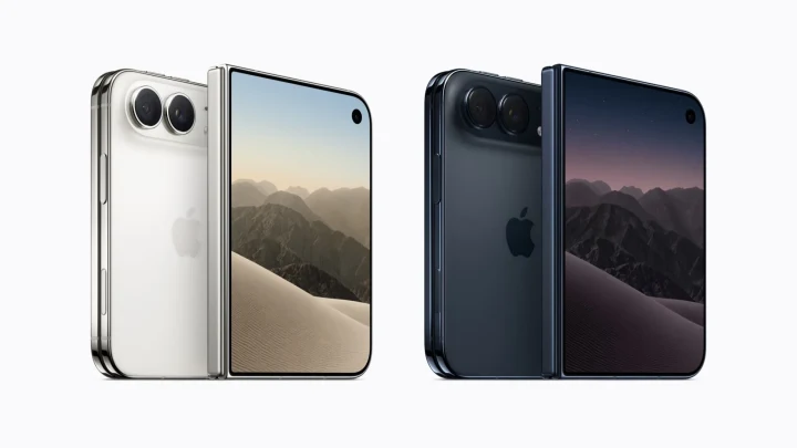 Yan yana gösterilen açık durumdaki iki katlanabilir iPhone Duo konsept cihazı
