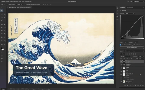 ArtCraft yazılımında The Great Wave görseli düzenlenirken görüntülenen arayüz