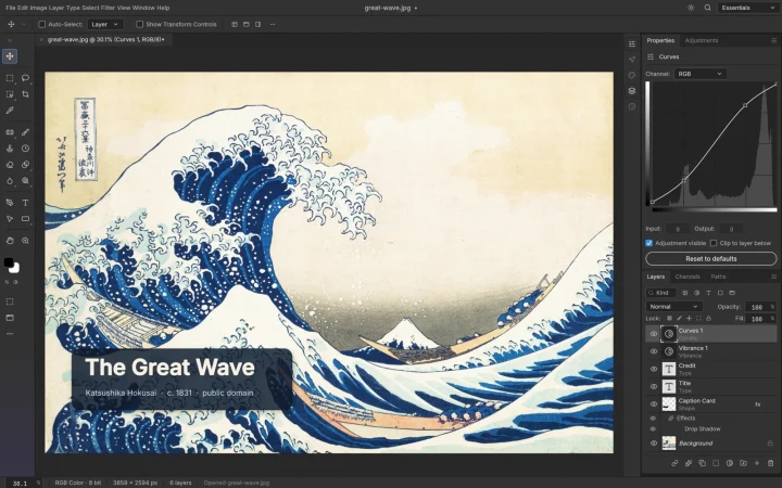 ArtCraft yazılımında The Great Wave görseli düzenlenirken görüntülenen arayüz