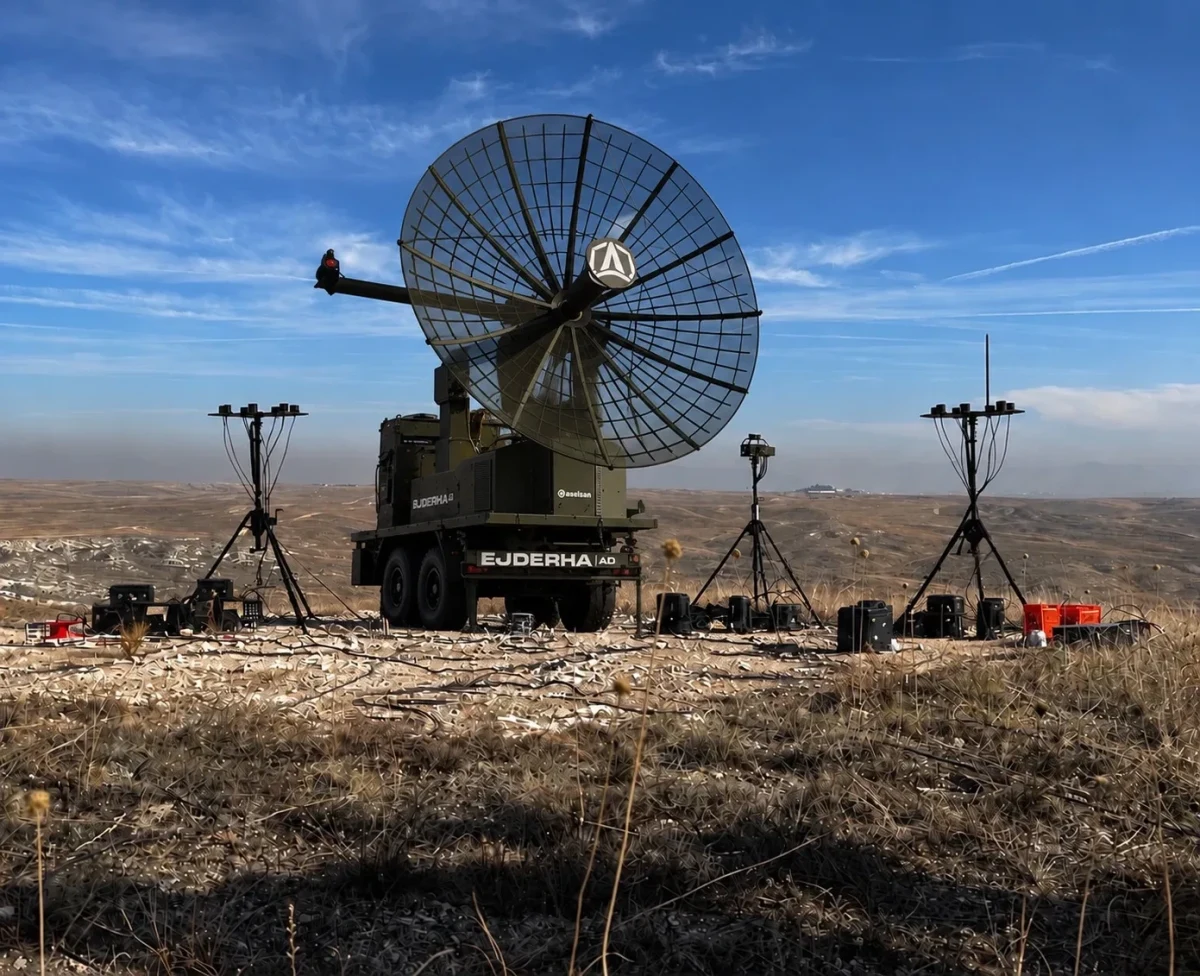 Açık arazide kurulu ASELSAN radar sistemi ve çevresindeki ekipmanlar