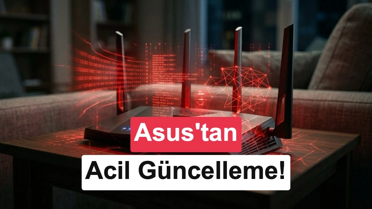 ASUS logosunun yanında güvenlik uyarısı simgesiyle gösterilen kablosuz router