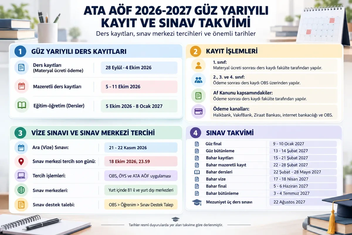 ATA AÖF 2026-2027 güz yarıyılı kayıt ve sınav takvimini gösteren bilgilendirme grafiği