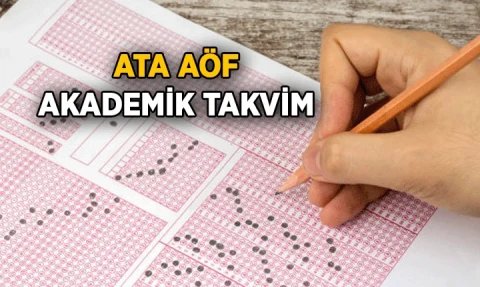 ATA AÖF akademik takvimini anlatan görselde sınav cevap kâğıdı ve optik form dolduran bir el yer alıyor