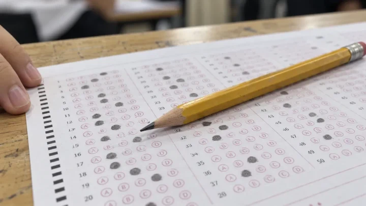 Optik cevap formunun üzerinde duran kurşun kalem ve formu tutan bir el