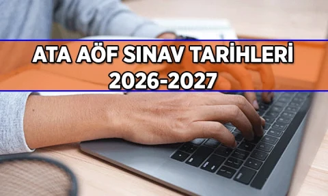 Dizüstü bilgisayar kullanan bir kişinin elleri; görselde 2026-2027 ATA AÖF sınav tarihleri yazısı bulunuyor.