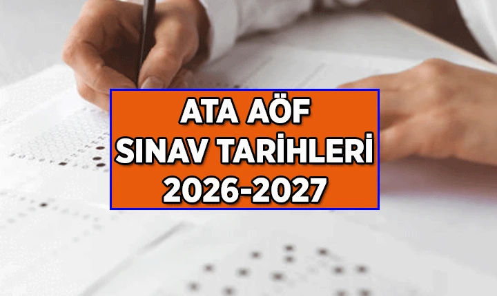 ATA AÖF 2026-2027 sınav tarihleri yazılı kapak görseli; arka planda sınav kâğıdı üzerinde yazı yazan bir el görülüyor.