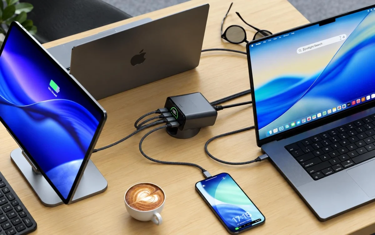 Masa üzerinde birden fazla dizüstü bilgisayar, tablet ve telefonun bağlı olduğu şarj adaptörü
