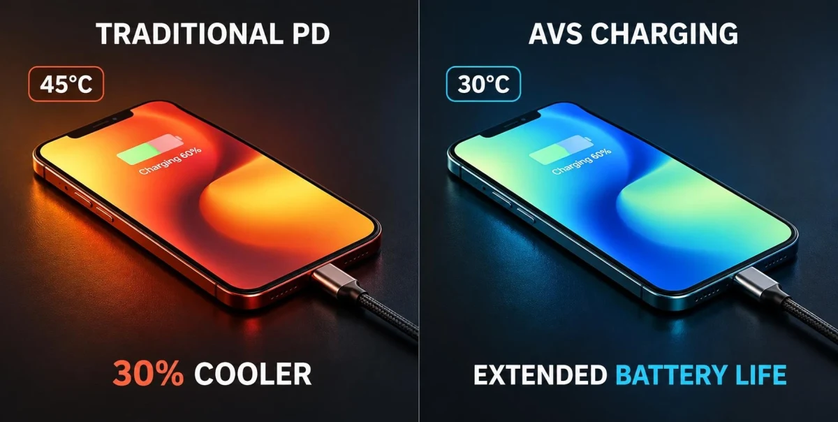 Geleneksel PD şarjı ve AVS şarjını sıcaklık değerleriyle karşılaştıran telefon görseli