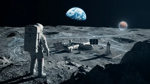 Ay yüzeyinde astronot, uzay aracı ve Dünya manzarası