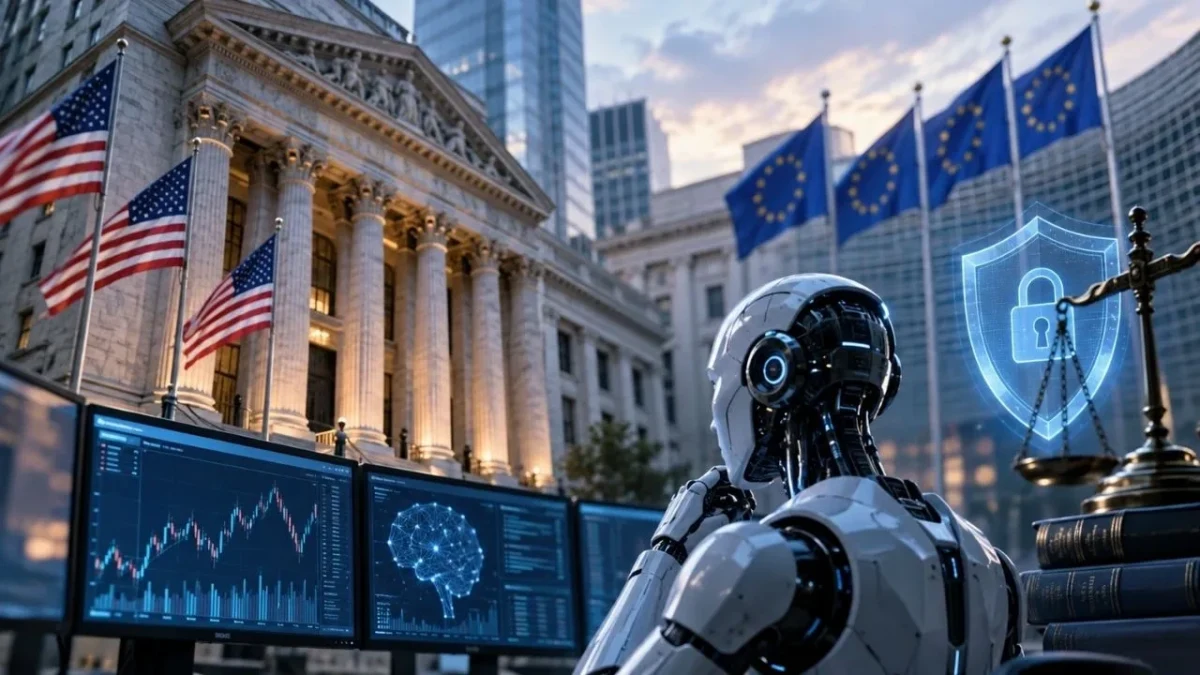 ABD ve Avrupa bayrakları, banka binası ve siber güvenlik simgesi önünde bir robot; ekranda finansal grafikler