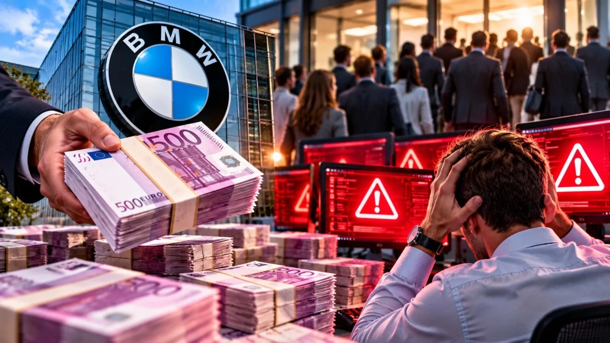 BMW görseli, euro banknotları, çalışan kalabalığı ve uyarı işaretleri içeren illüstrasyon