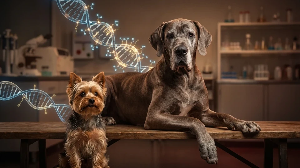 DNA sarmalı illüstrasyonu önünde yan yana duran küçük ve büyük köpek