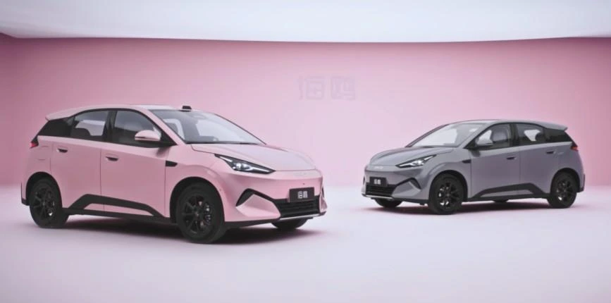 Pembe ve gri renkli iki BYD Seagull otomobili yan yana