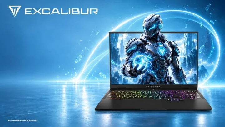 Casper Excalibur G915 dizüstü bilgisayarı ve ekranda görünen zırhlı oyun karakteri