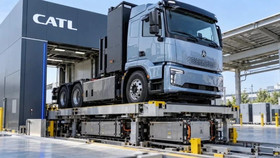 CATL tesisinde batarya değiştirme platformunda bulunan elektrikli ağır kamyon