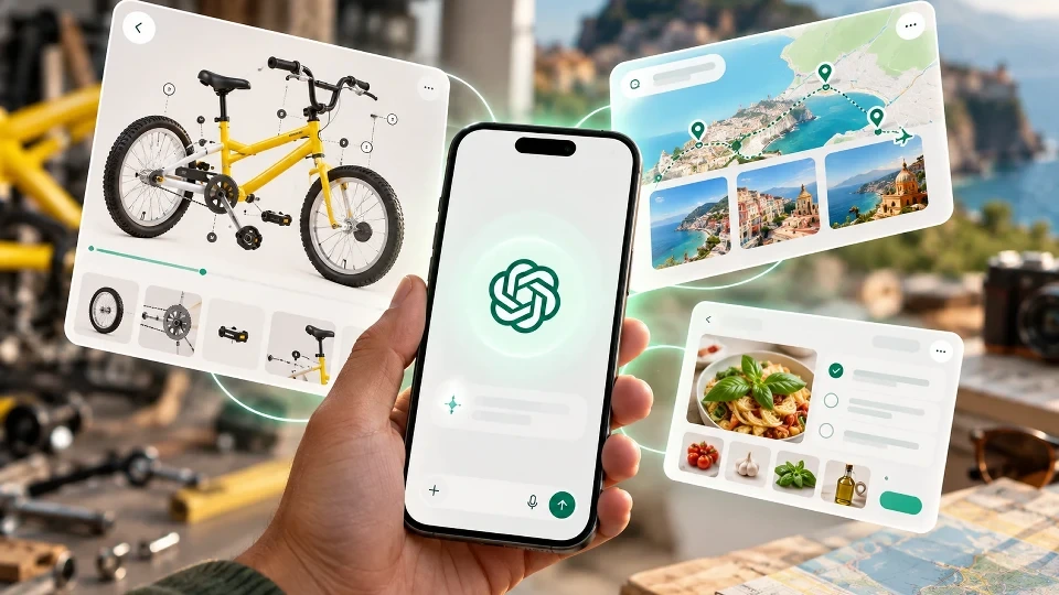 ChatGPT logosu bulunan telefonun çevresinde bisiklet, gezi haritası ve yemek seçeneklerini gösteren etkileşimli arayüz örnekleri