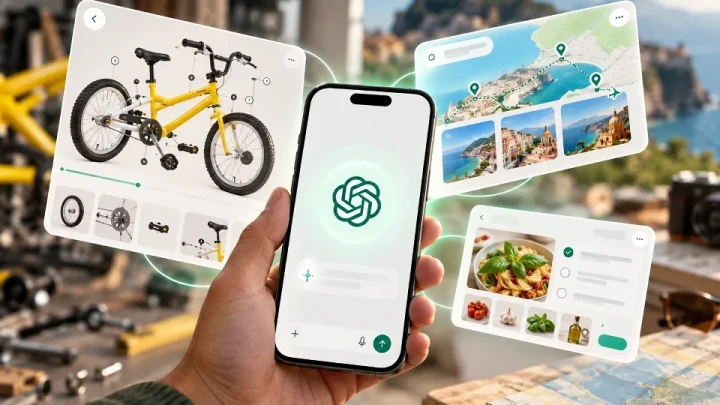 ChatGPT logosu bulunan telefonun çevresinde bisiklet, gezi haritası ve yemek seçeneklerini gösteren etkileşimli arayüz örnekleri
