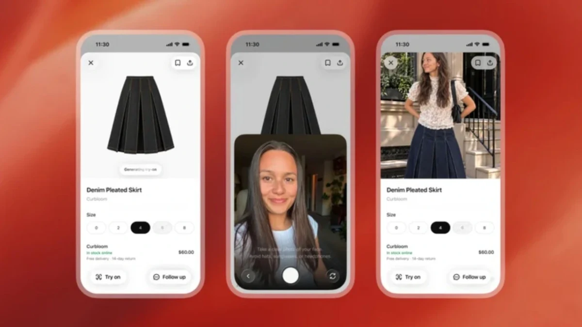 Telefon ekranlarında bir eteğin ürün sayfası, selfie ile sanal deneme görünümü ve eteğin kullanıcı üzerindeki görüntüsü