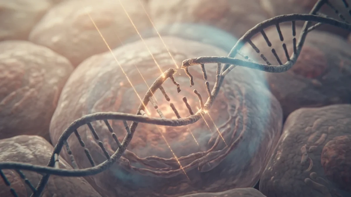 Cilt hücreleri üzerinde hasar görmüş DNA sarmalı tasviri