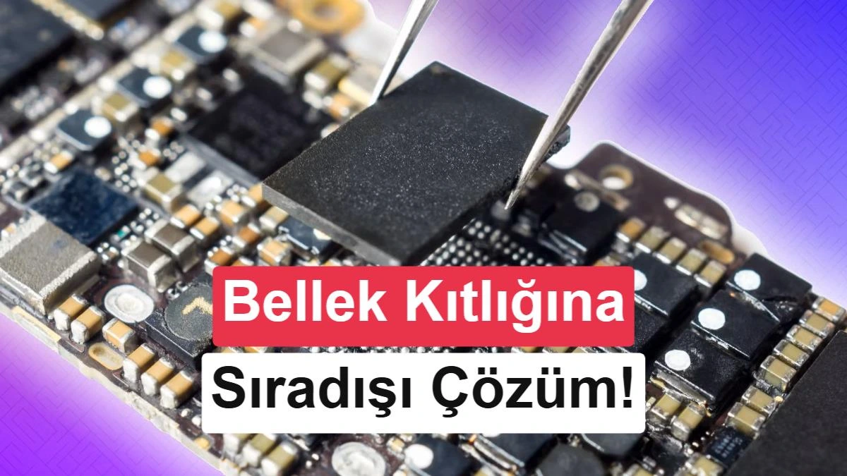 Bir telefon devre kartından cımbızla kaldırılan DRAM bellek yongası