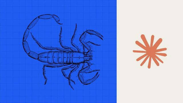 Mavi zemin üzerinde akrep çizimi ve Anthropic simgesi