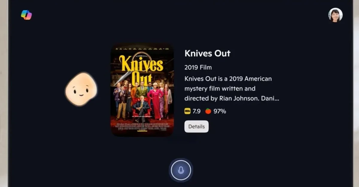 Televizyonda Knives Out filmi için bilgiler ve Copilot arayüzü görüntüleniyor