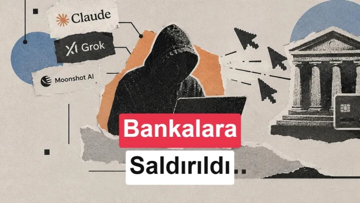 Claude, Grok ve Moonshot AI logoları ile bankalara saldırı temasını gösteren illüstrasyon