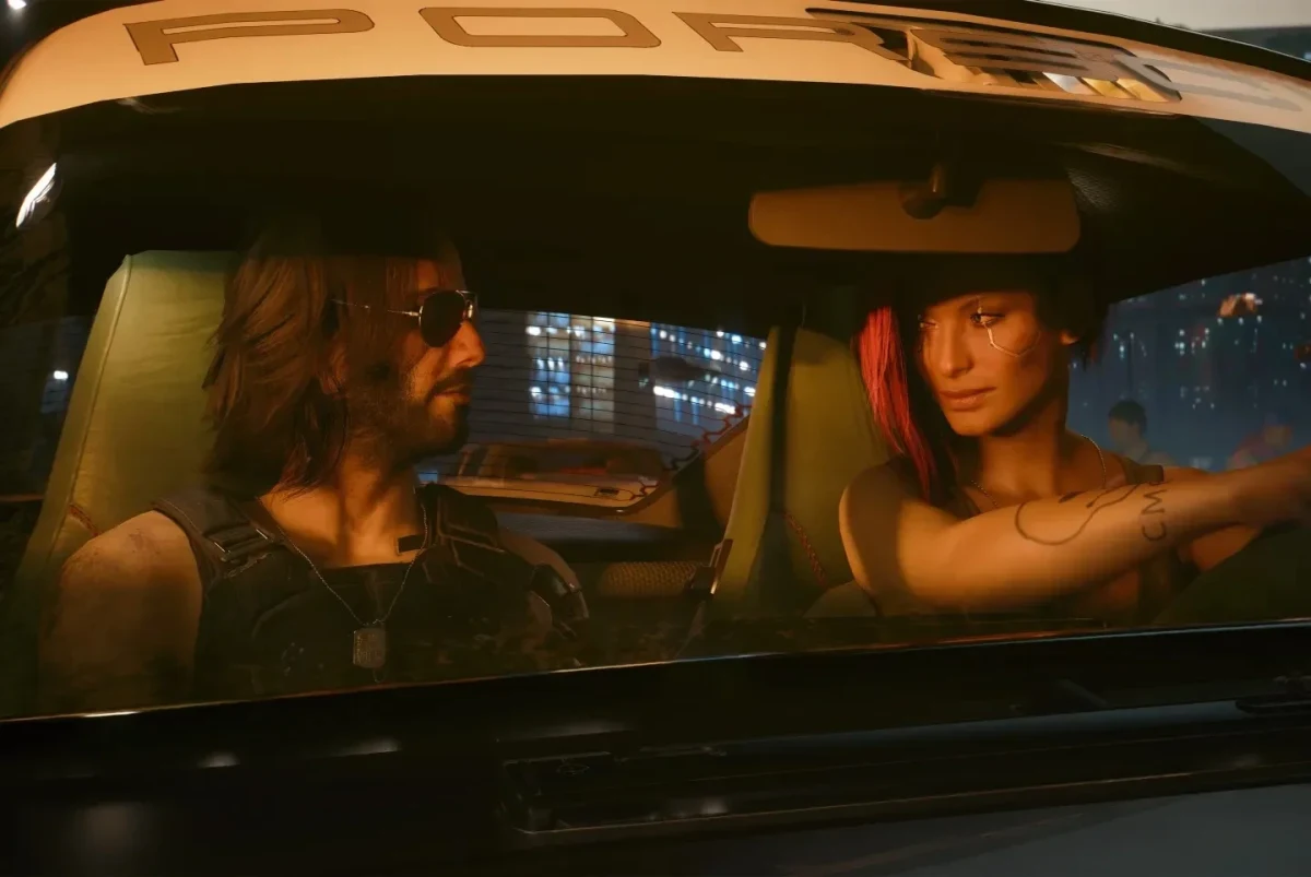 Cyberpunk evreninde bir otomobilin içinde oturan iki karakter