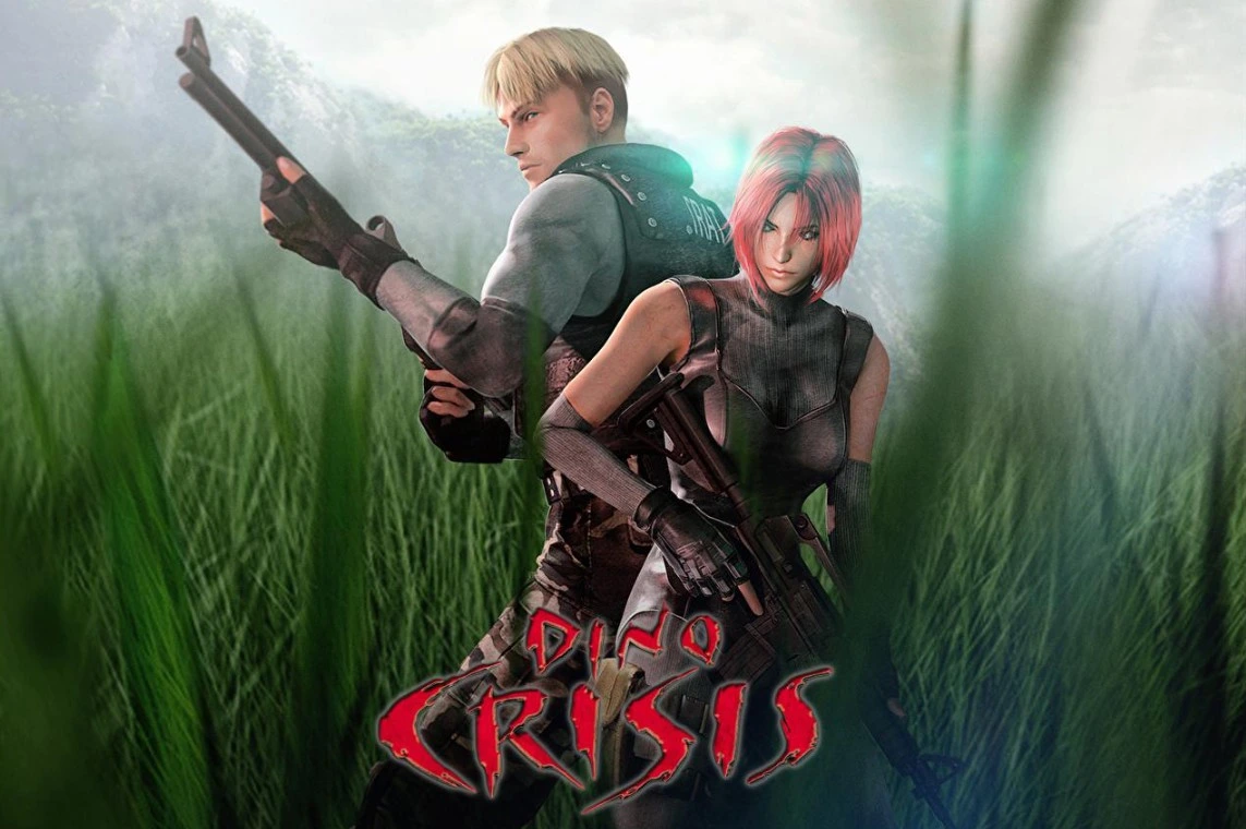 Dino Crisis 2 görselinde silahlı bir erkek ve kadın karakter otların önünde duruyor.